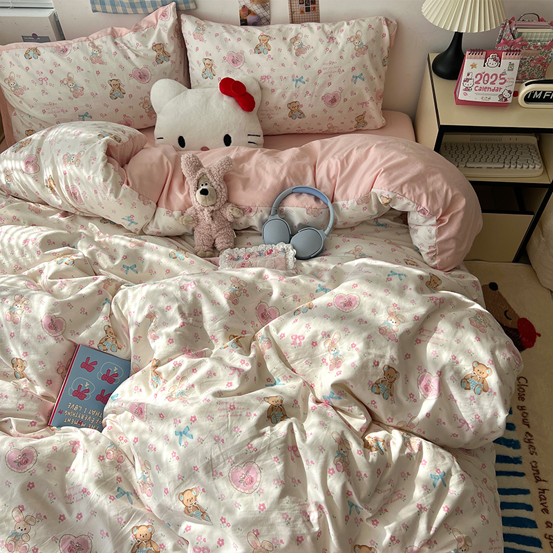 Soft and Cute Floral Bear Washed Cotton Bedding Four-Piece Set Bed Sheet Duvet Cover Student Dormitory Three-Piece Set Fitted Sheet