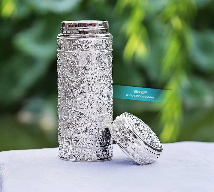 苗族銀莊純銀九龍保健杯貴金屬材質銀白色直身保溫杯送禮佳品