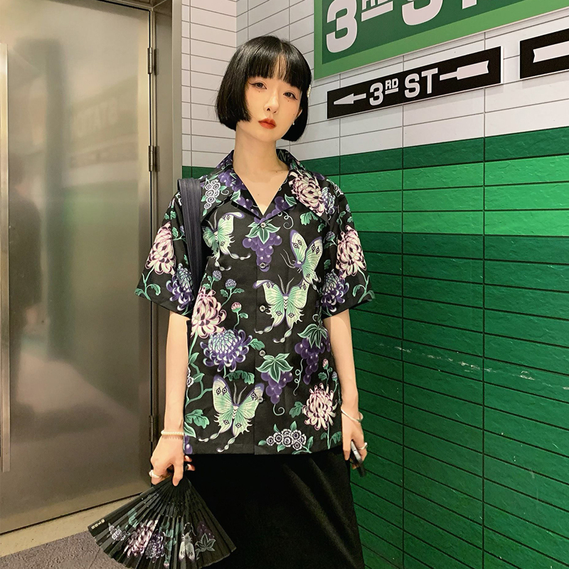 Mumuyu Original Design Moth Flower Grape Positioning Print Hawaiian Shirt Short-Sleeved Top 2026 Autumn New Product