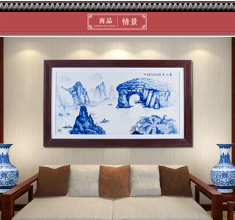 Hand made blue and white porcelain plate paintings of Chinese style living room sofa setting wall adornment landscapes hang a picture to office feng shui backer