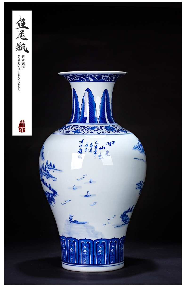 Jingdezhen ceramic landscape of blue and white porcelain vase furnishing articles archaize sitting room of Chinese style household rich ancient frame decoration process