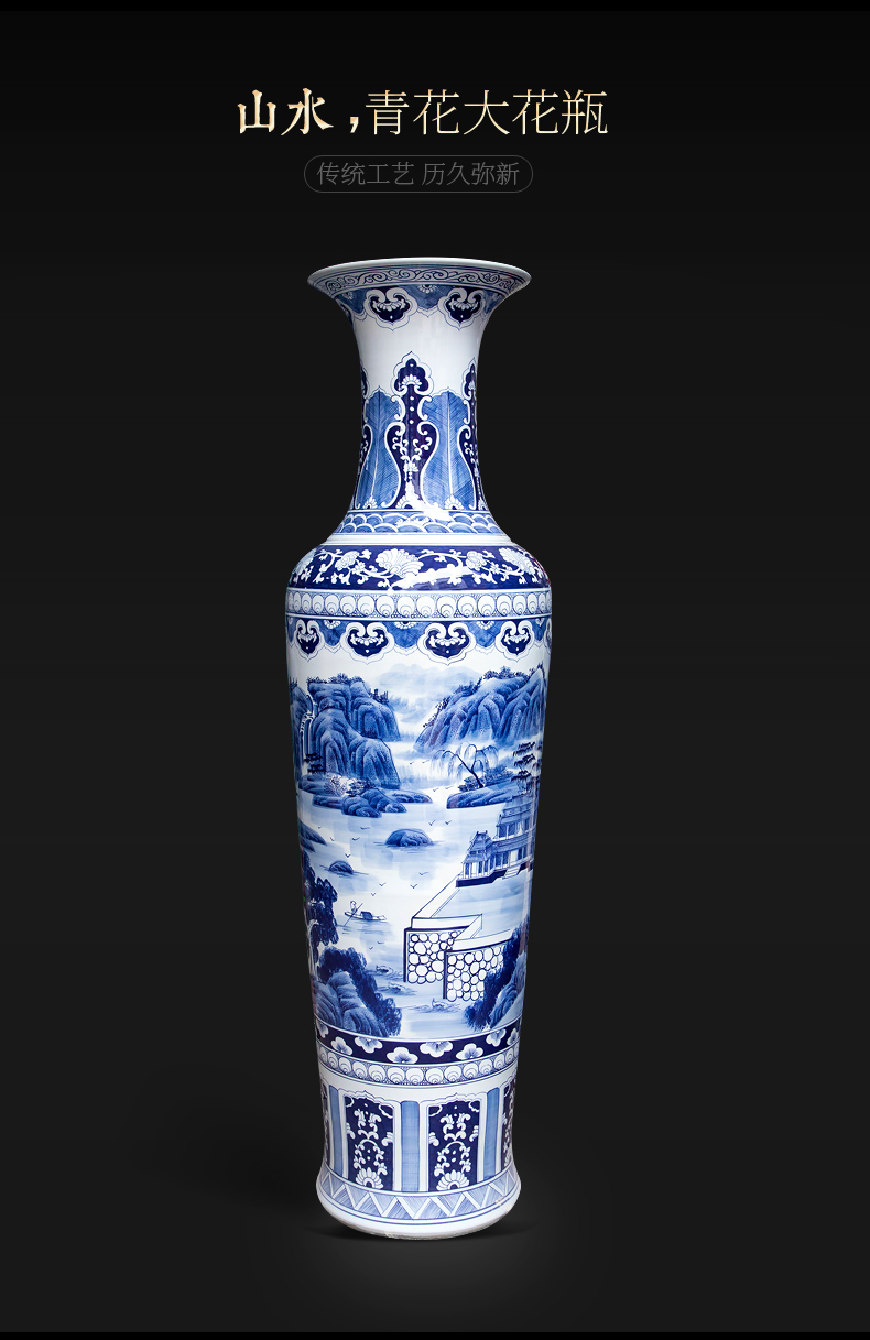 Jingdezhen ceramics of large blue and white porcelain vase landscape figure fishtail bottles of sitting room furnishing articles furnishing articles hotel decoration