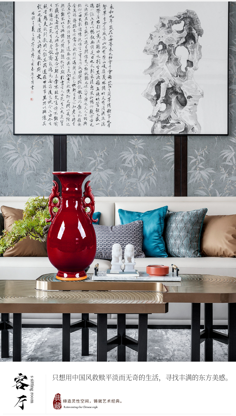 Jingdezhen ceramic vases, flower arrangement sitting room ruby red jun porcelain up ears of Chinese style restoring ancient ways decorate rich ancient frame furnishing articles