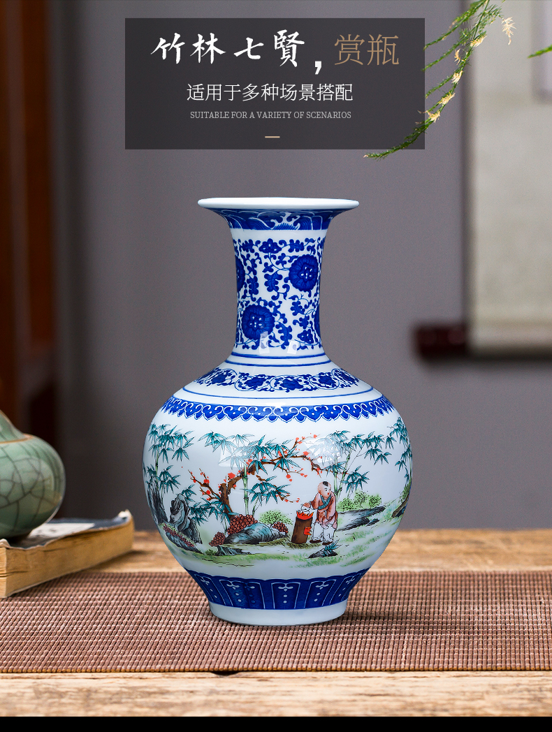 Jingdezhen ceramics bucket color blue and white porcelain vases, flower arrangement of Chinese style living room home decoration rich ancient frame furnishing articles