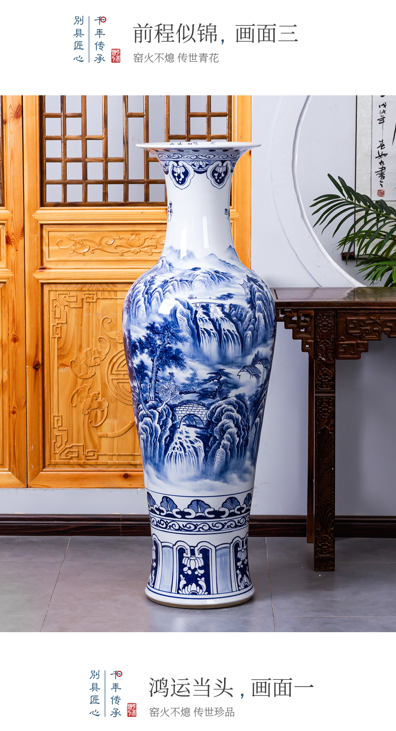 Jingdezhen ceramic hand - made large blue and white porcelain vase landscape painting Chinese style hotel furnishing articles to heavy large living room