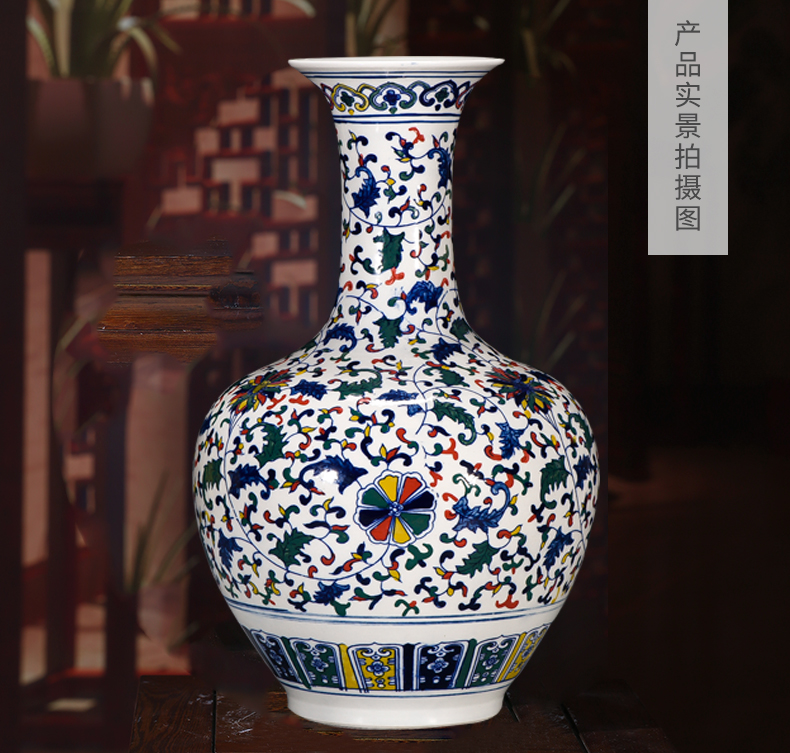 Jingdezhen ceramic porcelain antique blue and white porcelain vase colorful Chinese style home sitting room adornment rich ancient frame furnishing articles