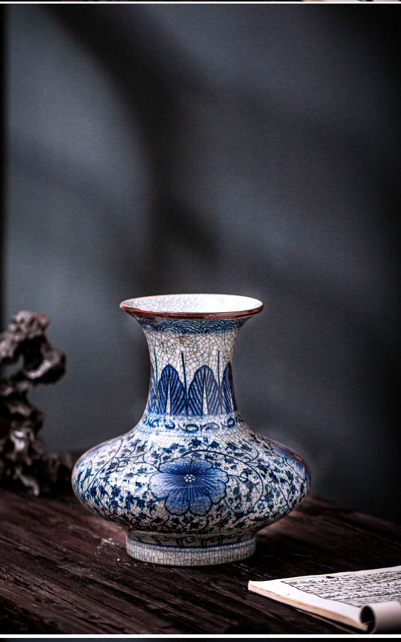 Jingdezhen ceramic vase furnishing articles retro crack in large Chinese blue and white porcelain glaze flower arranging rich ancient frame sitting room adornment