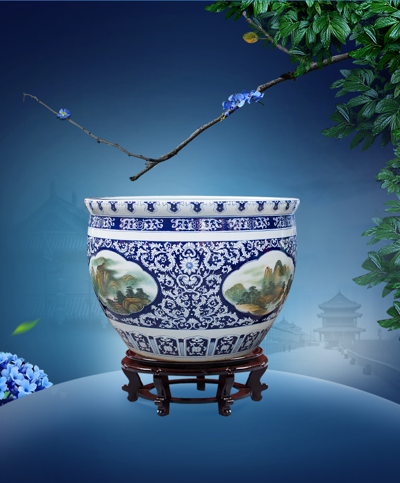 Pure hand draw blue and white porcelain of jingdezhen ceramic aquarium heavy large fish bowl courtyard gardens furnishing articles geomancy fortune