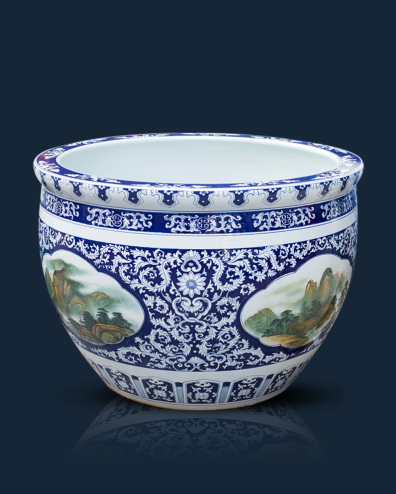 Pure hand draw blue and white porcelain of jingdezhen ceramic aquarium heavy large fish bowl courtyard gardens furnishing articles geomancy fortune