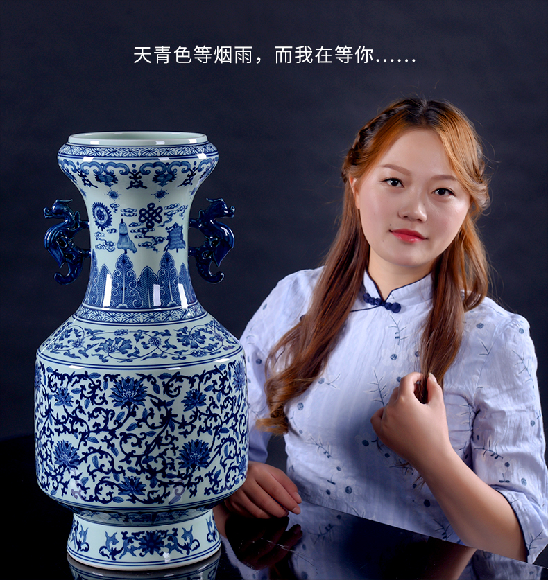 Imitation the qing qianlong hand - made of blue and white porcelain of jingdezhen ceramics sweet ears archaize sitting room of large vase and furnishing articles