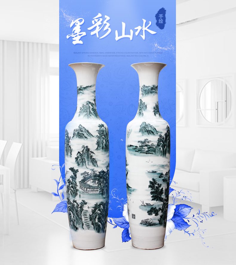 Sf48 jingdezhen ceramics color ink landscape high white clay ground big vase sitting room adornment of rural furnishings