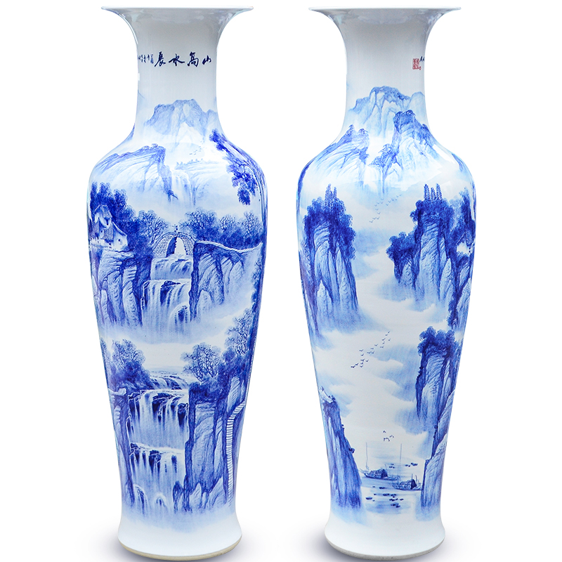 Jingdezhen ceramic hand - made the sitting room of large vase modern blue and white landscape painting Chinese TV ark, decoration furnishing articles