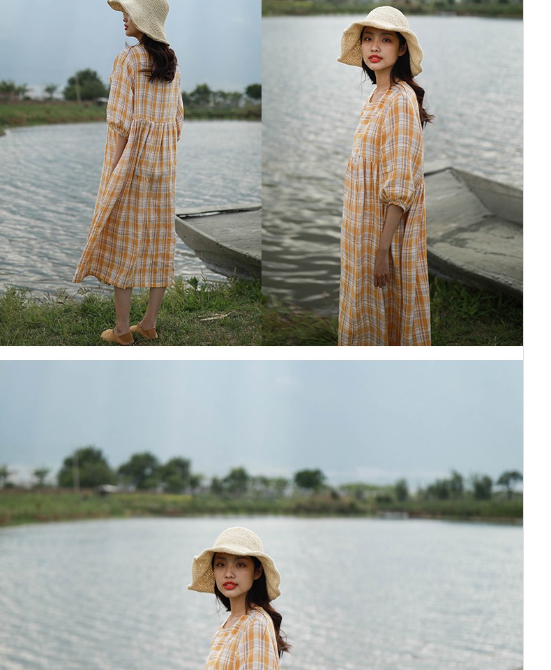 Bloom D430 / chùm ánh sáng / 2019 hè mới kẻ sọc vàng cổ tròn phồng tay áo nhỏ lanh tươi - Sản phẩm HOT váy suông