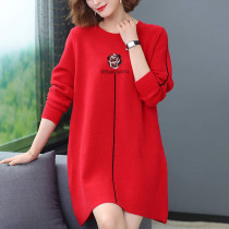 This Life Year Red Sweater Woman Autumn Winter Plus Fat Increase Code Fat MM Mid-Length A-Character Knitted Undershirt Dress