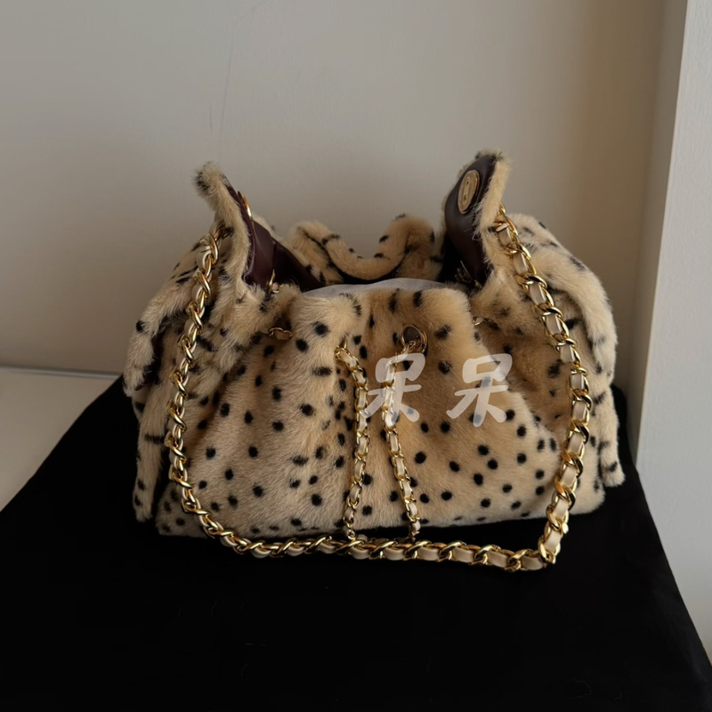 Dai Dai 25Bag Leopard Print Mini Hobo Shoulder Underarm Bag Large Capacity Bucket Drawstring Bag Chain Handbag for Women