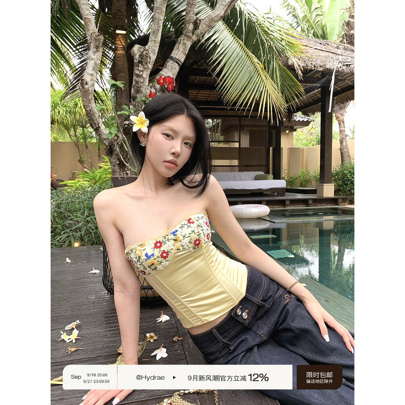 Hydrae Xi1 Ying Lace Embroidered Fishbone Tube Top for Women, Summer Spicy Girl Style, Waist-Cinching, Slimming, Sleeveless Short Top Hydrae Xi1 Ying Lace Embroidered Fishbone Tube Top for Women, Summer Spicy Girl Style, Waist-Cinching, Slimming, Sleeveless Short Top