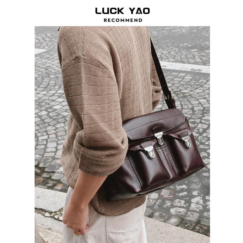 【Gil】French Niche Genuine Leather Messenger Bag Gear Bag First Layer Cowhide Work Bag Crossbody Shoulder Bag for Women