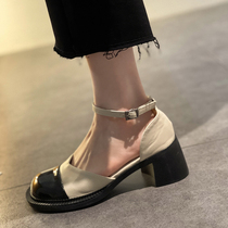  Overseas small leather shoes womens summer thin 2021 new sandals niche womens thick heel Mary Jane French womens shoes