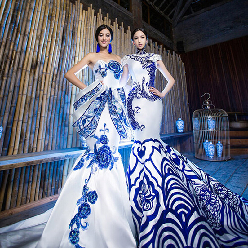 Chinese Style Catwalk Exaggerated Dress Retro Blue and White Porcelain Stage Performance Competition Elegant Wedding Dress Photo Studio Photography Clothing