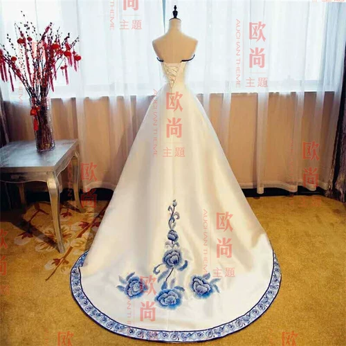 Ретро сине-белое свадебное платье, реквизит для фотографии подходит для фотосессий, китайский стиль, пышное платье