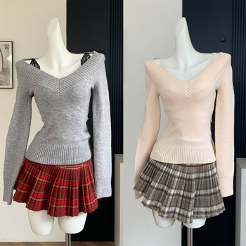 Perfect Waist-To-Hip Ratio, Retro Waist-Cinching Mid-Length Sweater Knit Top, Versatile V-Neck Base Shirt