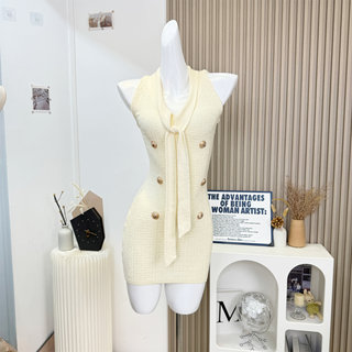 Platinum luxury xiaoxiang celebrity heavy jacquard ribbon slim fit hip sleeveless dress for women