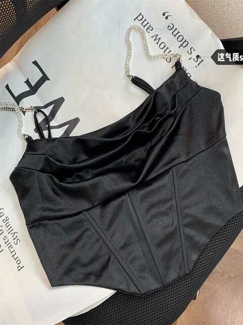 Popw Hot Girl Ruffled Collar Rhinestone Camisole Top for Women, Fishbone Waist Slimming Versatile Sexy Tank Top