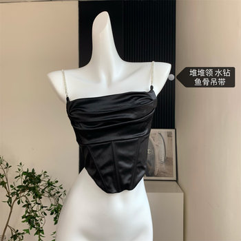 Popw Hot Girl Ruffled Collar Rhinestone Camisole Top for Women, Fishbone Waist Slimming Versatile Sexy Tank Top