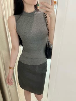 Popw Korean Women's Simple Gray Slim-Fit Round-Neck Sleeveless Versatile Tank Top + High-Waisted Mid-Length Skirt for Women
