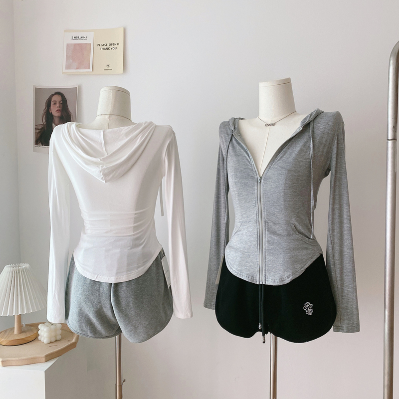 Popw Modal Hooded Long-Sleeved T-Shirt Short Jacket for Women New Slim Fit Curved Hem Sun Protection Cardigan