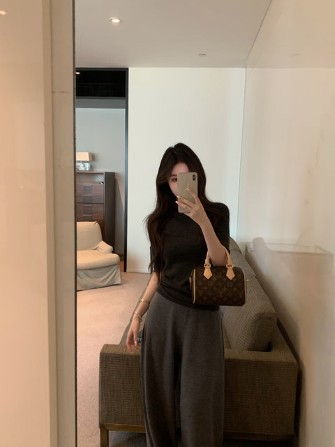 Popw LAOSHU Old Money Style Yangzi Wool Yarn Skin-Friendly Half-Sleeve Half-Turtleneck Solid Color Base Shirt T-Shirt