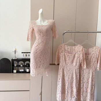 Popw French Elegant Style Slim Fit Midi Skirt Bodycon Lace Dress for Women