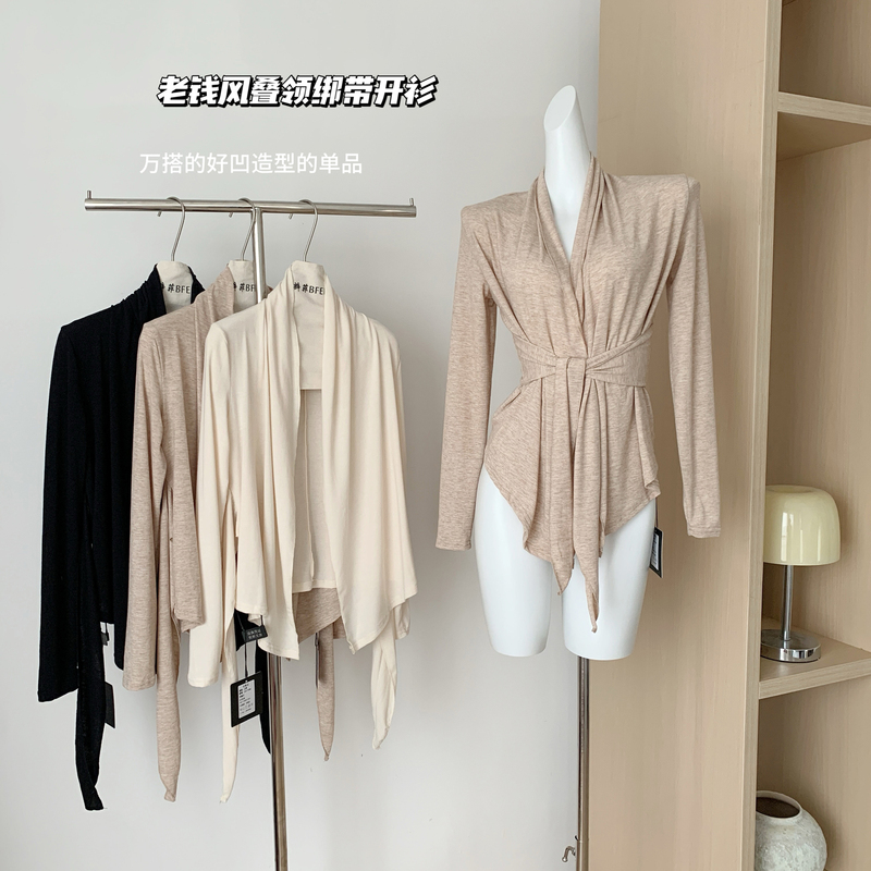 Popw LAOSHU Stacked Collar Tie Long-Sleeve Cardigan for Women, Lazy Style with Exquisite Design and Elegant Temperament, Knitted Jacket for Women Popw LAOSHU Stacked Collar Tie Long-Sleeve Cardigan for Women, Lazy Style with Exquisite Design and Elegant Temperament, Knitted Jacket for Women