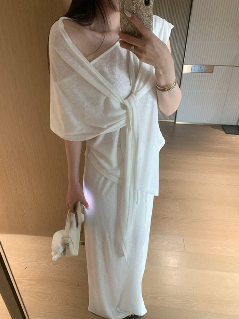 Popw LAOSHU White Water 2025 Comfortable Linen Set T-Shirt + Skirt + Shawl Three-Piece Set