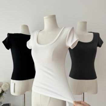 Popw LAOSHU Minimalist Large U-Neck Short-Sleeved T-Shirt for Women 2024 Summer New Style White Slim Short Shoulder Top