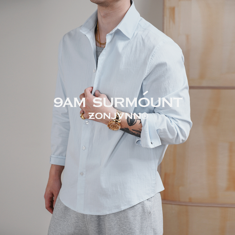 Zonjvnn Cloud-Like Shirt with Slight Pleats, Windsor Collar Shirt, Long-Staple Cotton, Moisture-Wicking, Quick-Drying, Lapel, Long-Sleeve, Spring and Summer