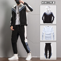 Splice Sweatshirt Men Hood Three Piece Set Spring and Autumn 2021 New Youth Leisure Sports Set Jacket Clothes