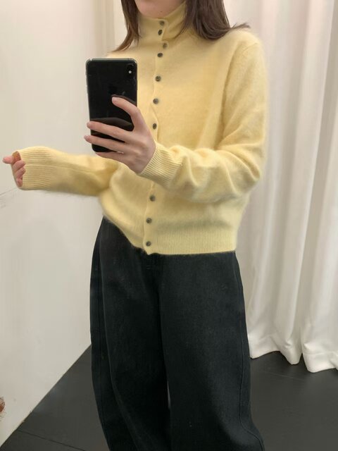 Long-Haired Turtleneck Wool Sweater for Women in Winter, Unique Single-Breasted Long-Sleeved Soft Knitted Cardigan, Loose Sweater