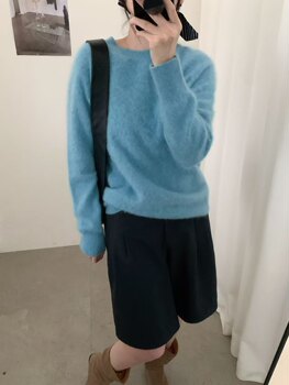 26671 Wool Brushed Cashmere New Korean Style Round Neck Long Sleeve Knit Sweater Women's Loose Fuzzy Sweater Top