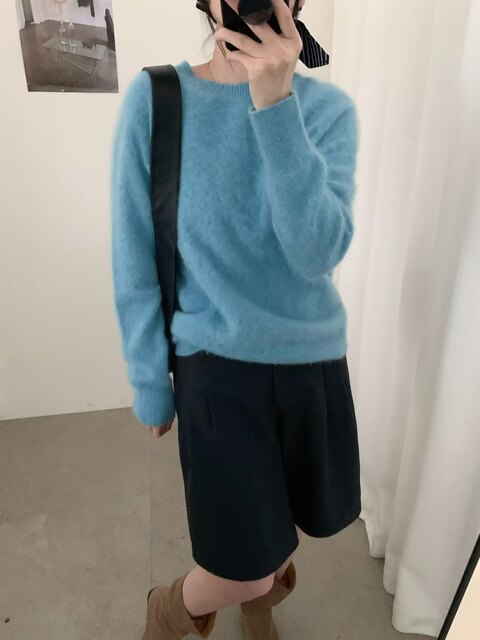 26671 Wool Brushed Cashmere New Korean Style Round Neck Long Sleeve Knit Sweater Women's Loose Fuzzy Sweater Top