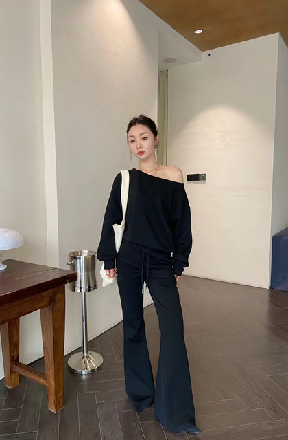 Two-Piece Set Genuine 2025 Spring New Korean Style Off-Shoulder Elegant Versatile Slim-Fit Sweatshirt Women's Casual Pants
