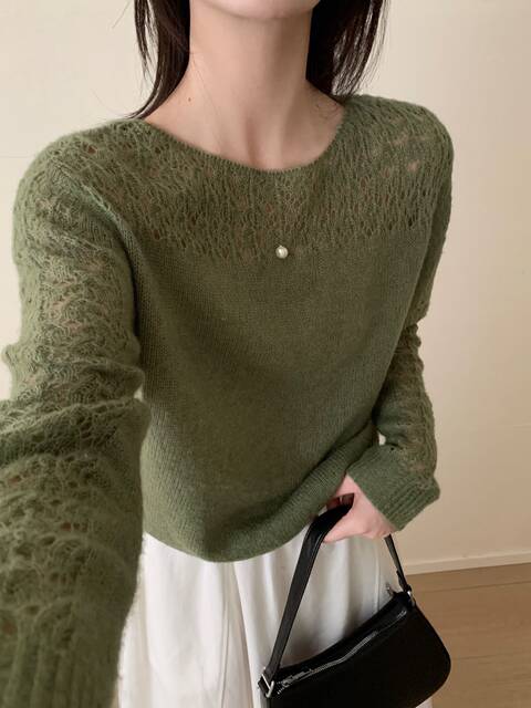 Alpaca Wool 27120 Spring New Korean Style Loose Slimming Round Neck Hollow Knit Sweater for Women Versatile Sweater