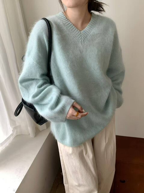 Wool Brushed 79002 New Korean Style V-Neck Long-Sleeved Knitwear for Women, Loose Furry Sweater, Mid-Length Outer Wear