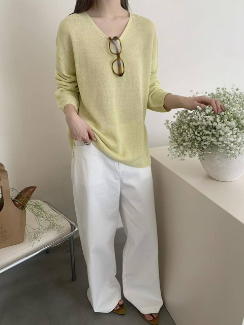 Japanese Paper Yarn Sequin Mid-Length 2026 Early Spring New Korean Style Loose Slimming V-Neck Long-Sleeve Knit Sweater Women's Top