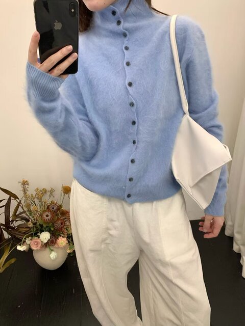 Long-Haired Turtleneck Wool Sweater for Women in Winter, Unique Single-Breasted Long-Sleeved Soft Knitted Cardigan, Loose Sweater