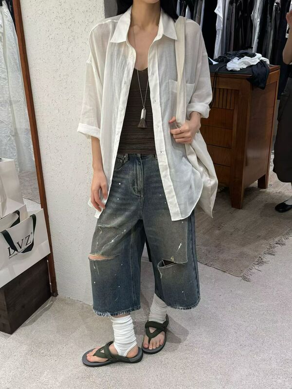 Dvz New Summer Style Ripped American Vintage Washed Loose Wide-Leg Denim Mid-Length Pants Mid-Waist Cropped Pants