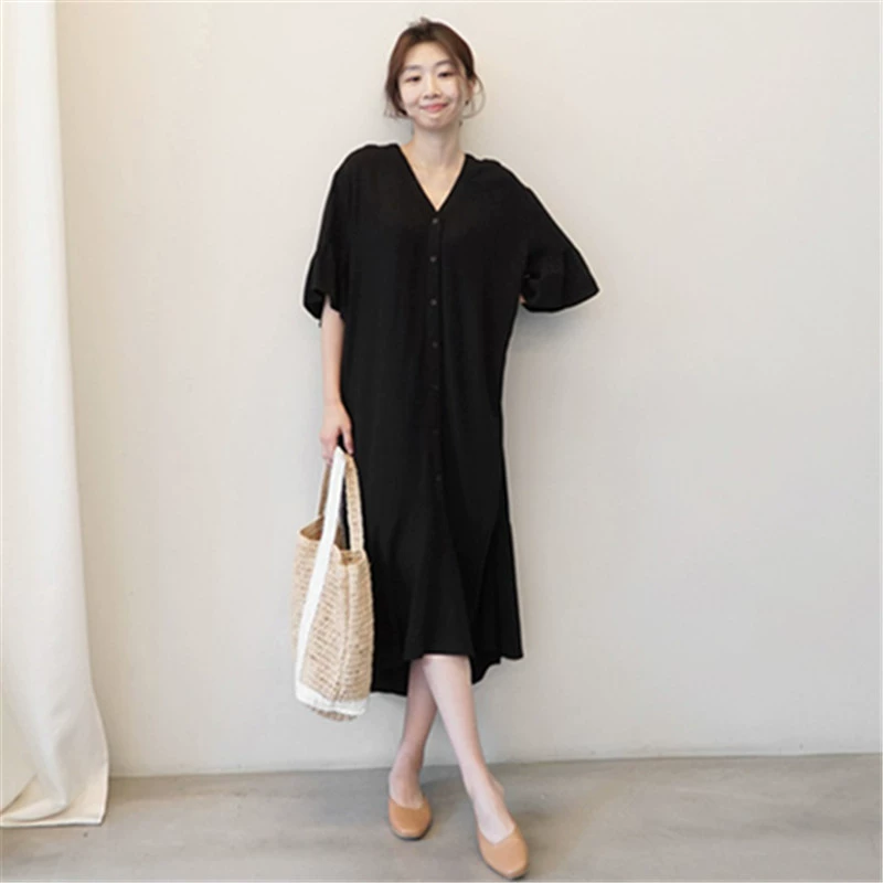 Phiên bản Hàn Quốc của Đầm cotton cổ chữ V và váy lanh 2019 dành cho nữ mùa hè mới giản dị khí chất tay áo sừng dài - váy đầm