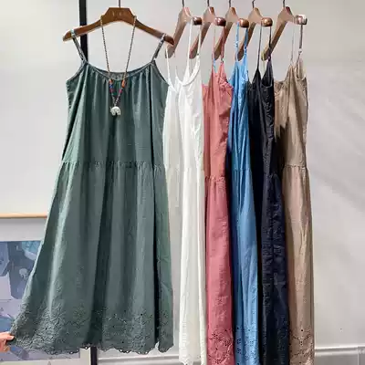 Cotton linen lace embroidery lace fat MM white hipster sling dress bottoming loose cotton dress women