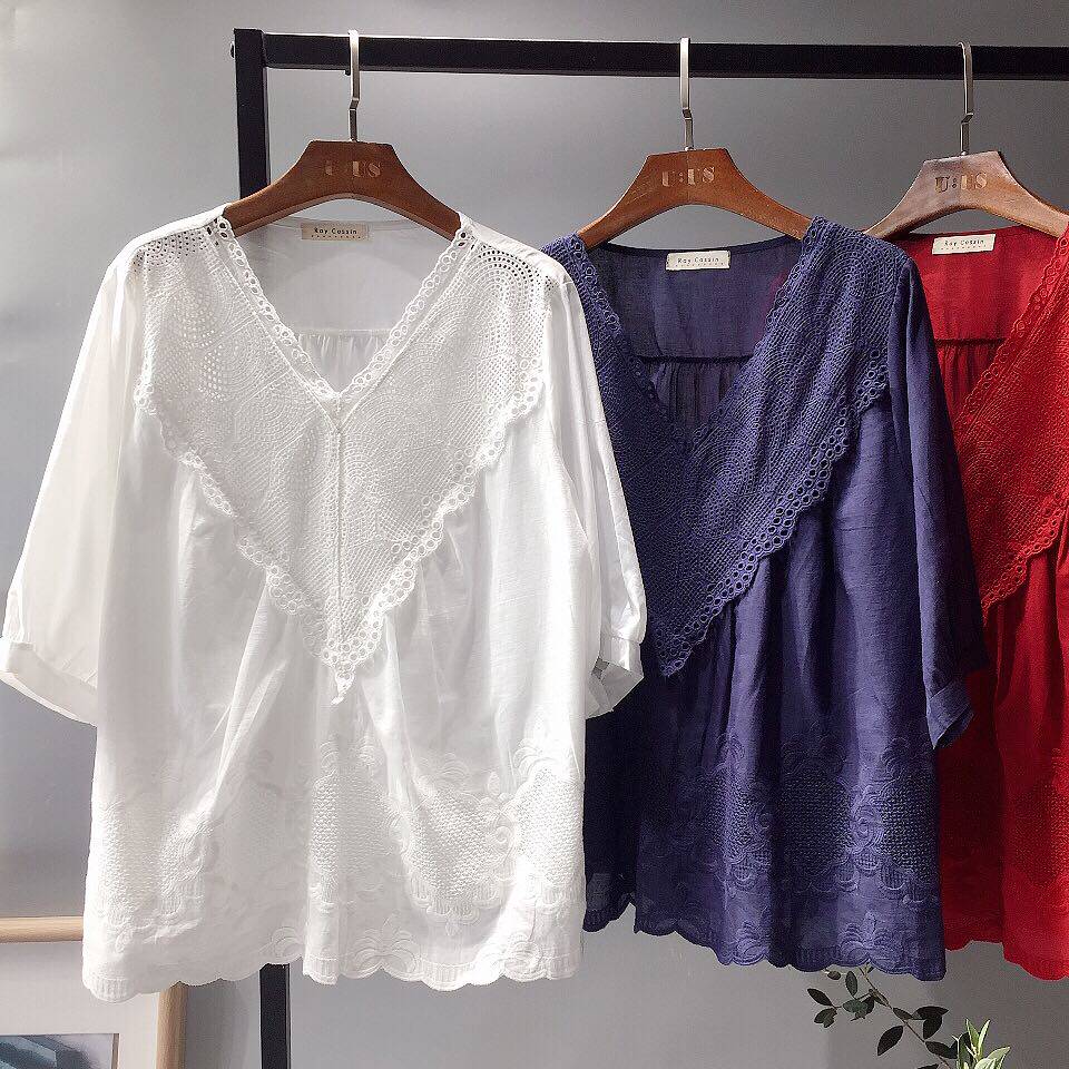 2022 Summer Dress New Woman Dress Fat Mm Loose Pure Cotton Linen White Shirt Short Sleeve Rework Embroidered Doll Blouse Blouse