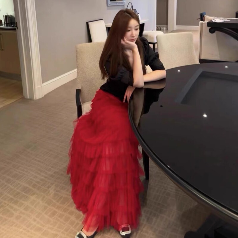 2025 Spring Heavy Industry Mesh Cake Skirt Women's Long Ankle-Length Design Niche Slimming Long Skirt